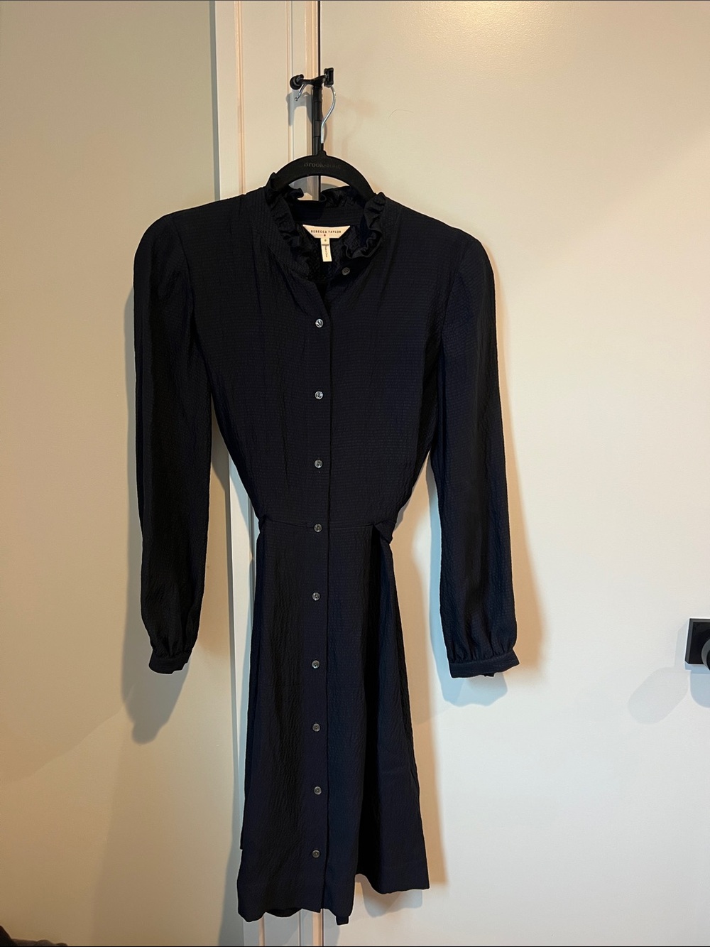 Rebecca Taylor Dark Navy Long-Sleeve Ruffled Collar Button-Front Dress 100% Silk